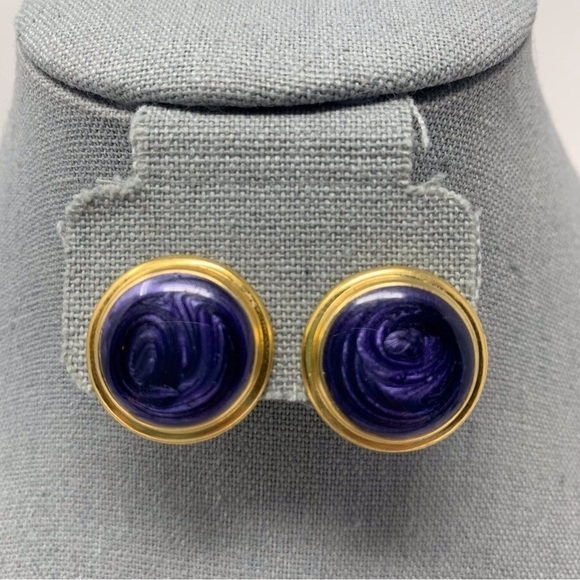 Vintage Purple Swirl Gold Tone Rimmed Circular Dome Stud Earrings - Picture 1 of 8